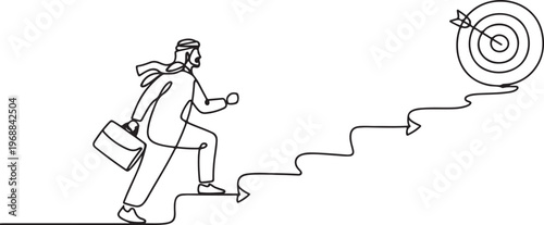Drawing of arab businessman goes up the stairs of arrows to the target. Concept of business path to the goal. One line draw graphic design vector