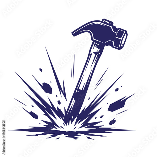 Dark blue of a claw hammer striking a surface with debris and shards flying outward in a dynamic impact effect on a white background