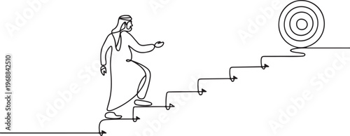 Drawing of arab businessman goes up the stairs of arrows to the target. Concept of business path to the goal. One line draw graphic design vector