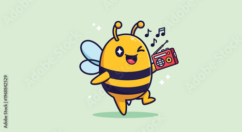 Cute Bee Character Dancing with a Retro Radio.