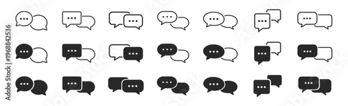 Chat, speech and message bubble outline icon set, black linear communication symbols collection, vector illustration isolated on transparent background
