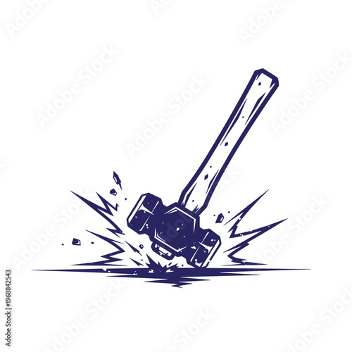 Dark blue of a heavy sledgehammer striking the ground with debris flying outward in a stylized impact effect on a white background