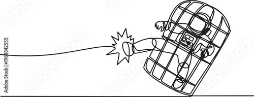 Single one line drawing astronaut trapped in the cage kick the caged until wrecked. Freedom of expression for the smooth running of business. Distractions. One line draw graphic design vector