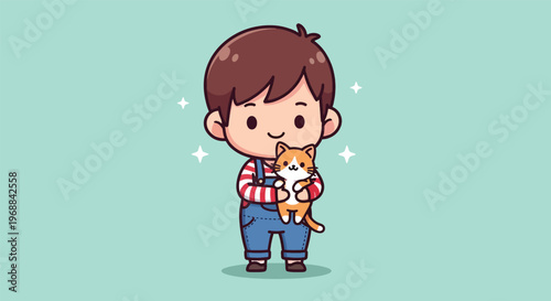 Cute Boy Holding a Small Cat Illustration.