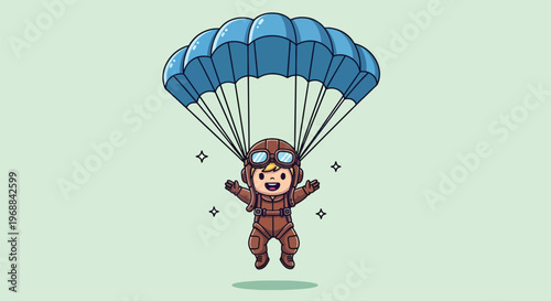 Cute cartoon character enjoying a thrilling parachute jump adventure.