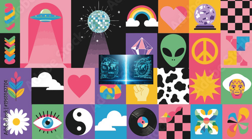 Retro y2k aesthetic collage with colorful pop art elements, disco ball, alien, peace sign, and abstract geometric shapes in a vibrant grid pattern