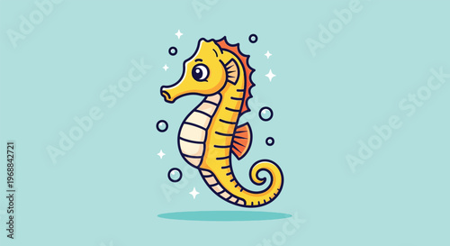 Cute Cartoon Seahorse Swimming Underwater with Bubbles Vector Illustration.