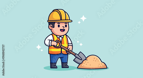 Cute Construction Worker Shoveling Sand Cartoon Vector Icon Illustration.