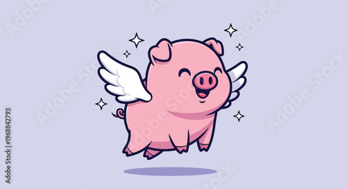 Cute Flying Pig with Wings and Sparkles Cartoon.