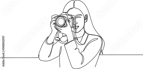 Continuous line drawing of young woman photographer holding camera, capturing moment with artistic minimalist style.