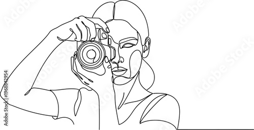Continuous line art of a woman photographer taking a picture