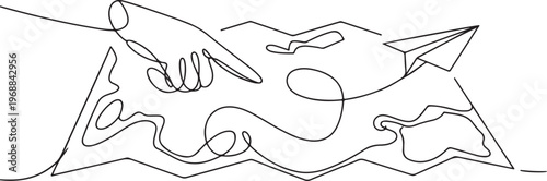 Pointing location at map and paper plane, hand drawn way destination continuous contour, One Continuous line drawing of aircraft flight routes and airport destinations. 