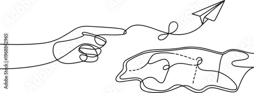 Pointing location at map and paper plane, hand drawn way destination continuous contour, One Continuous line drawing of aircraft flight routes and airport destinations.