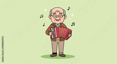Elderly Man Playing Accordion with Musical Notes Illustration.