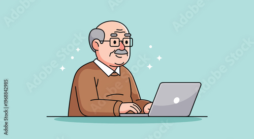 Elderly man working on laptop computer.