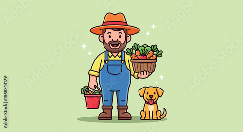 Happy farmer with his dog and fresh harvest of vegetables.