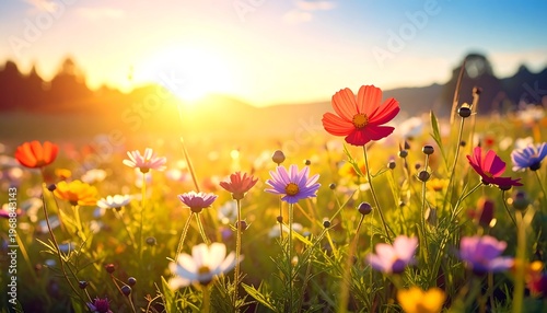 Meadow flowers bathed in warm sunset light; colorful blossoms reach for the sun