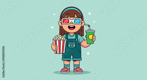 Happy girl watching movie with popcorn and drink Vector Illustration.
