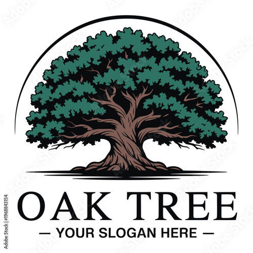 Elegant oak tree logo design with customizable slogan space below