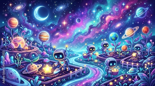 Robots in a vibrant cosmic landscape.