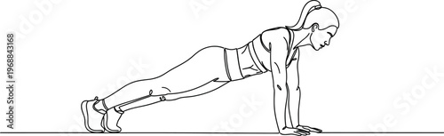 Continuous line art drawing of a woman doing plank exercise