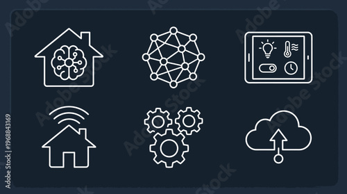 Smart Home Technology and IoT Line Art Icon Set with Cloud Computing on a Dark Blue Background.