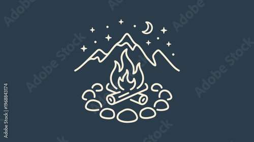 Line Art Illustration of a Cozy Campfire in a Serene Mountain Landscape Under a Starry Night Sky with a Crescent Moon