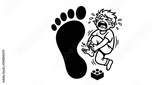 Minimalist Footprint with Painful Toy Block Accident Line Art, Monochrome Vector Illustration of Parenting Humor