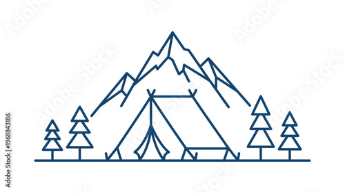 Outdoor Camping Adventure Scene with Tent, Pine Trees, and Mountains at Night in Line Art on a Dark Blue Background.