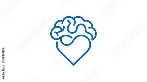 Emotional Intelligence and Mental Health Brain in Heart Line Art Icon on an Isolated White Background.