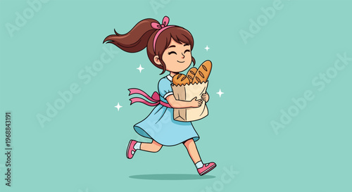 Happy little girl running with a bag of freshly baked bread.