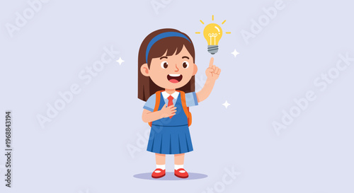 Happy little girl student with a bright idea light bulb.