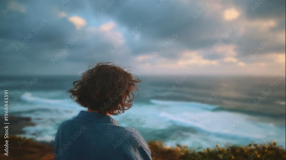 Obraz premium person watching ocean horizon with blured nature background