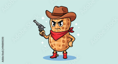 Peanut Cowboy with Revolver Cartoon Vector Illustration.