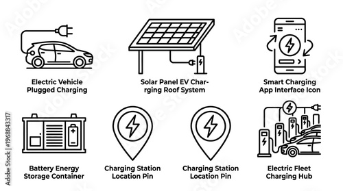 Electric Vehicle Charging Ecosystem Line Icons Set for Sustainable Energy and Smart Mobility on Isolated White Background