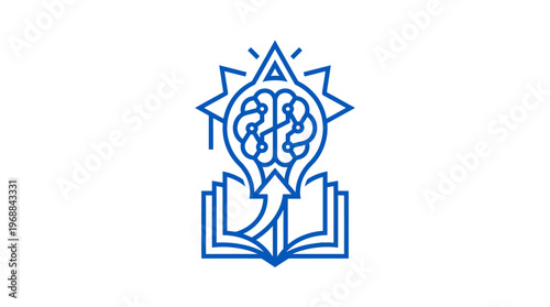 Blue Line Art Icon of an Open Book with a Brain Symbol Representing Learning, Knowledge, and Intelligence, on a White Background
