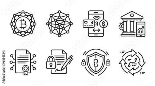 Cryptocurrency Blockchain and Digital Finance Security Line Icons Set on Isolated White Background