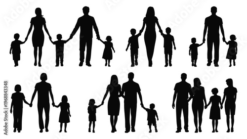 Family Silhouette Set with Parents, Children and Happy Lifestyle Moments