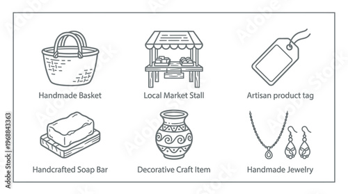 Collection of Labeled Local Market and Handmade Craft Line Icons for Artisanal Products on Isolated White Background