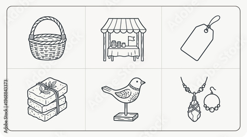 Local Market and Handmade Craft Items Line Icons Set for Artisanal Goods on Isolated White Background