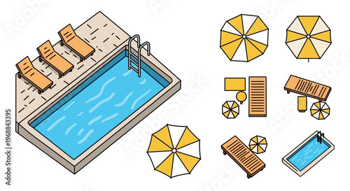 Outdoor Swimming Pool Area with Sun Loungers and Umbrellas in Isolated White Background