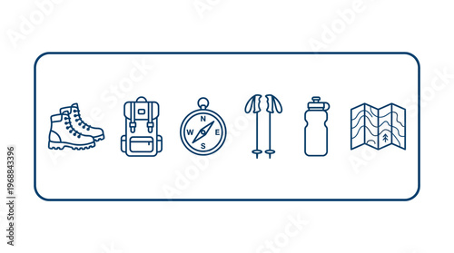 Outdoor Hiking and Camping Gear Line Icons Set for Adventure and Travel on Isolated White Background