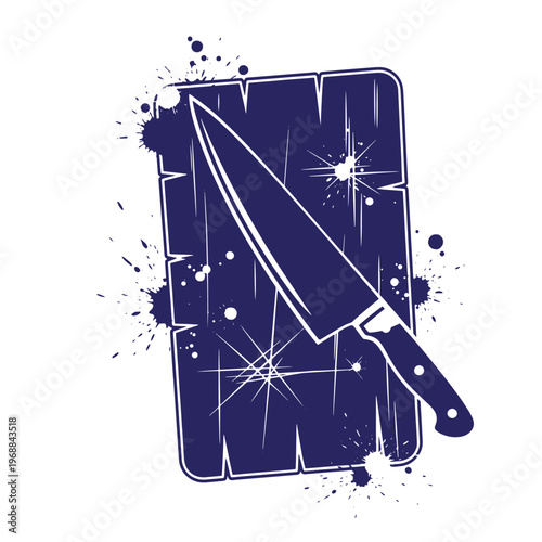 Dark blue silhouette of a sharp kitchen chef knife resting on a rectangular wooden cutting board with ink splatter effects and starburst light reflections on a white background