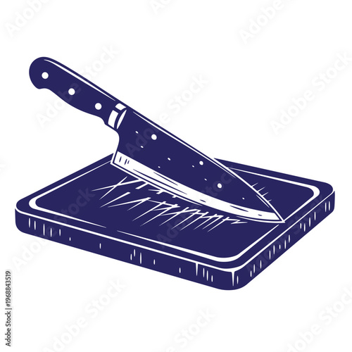 Dark blue silhouette of a sharp chefs knife resting on a wooden cutting board with etched scratch marks on the surface isolated on a white background