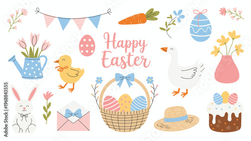 Easter cute elements set with bunny, chicken, duck and flowers, adorable spring holiday collection with animals and floral decorations, vector illustration isolated on white background