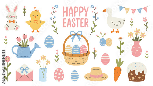 Easter cute elements set with bunny, chicken, duck and flowers, adorable spring holiday collection with animals and floral decorations, vector illustration isolated on white background