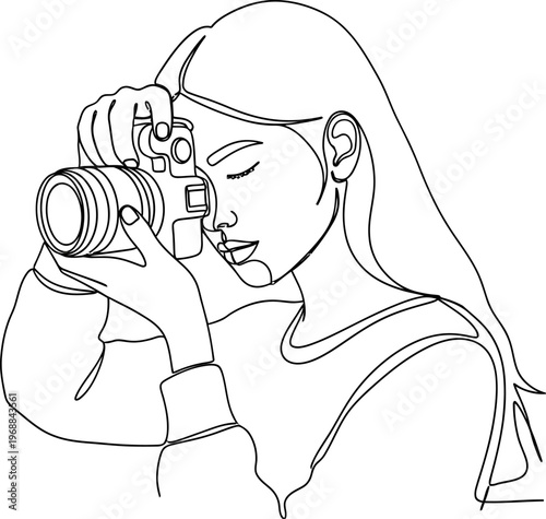 Elegant continuous line art drawing of woman photographer