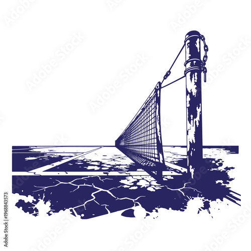Dark blue silhouette of a tennis court net and post with a cracked ground texture and paint splatter effect on a white background