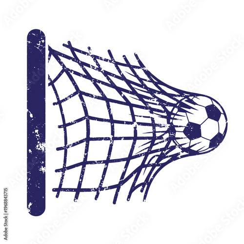 Dark blue soccer ball hitting the back of a goal net with a distressed grunge texture on a white background showing a goal scored in a sports match