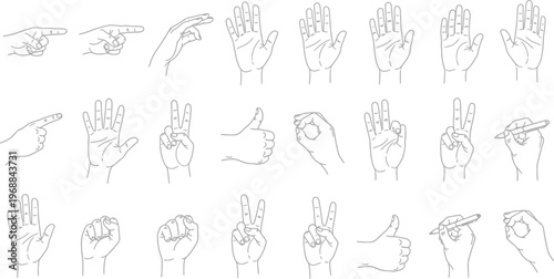 Collection of various hand gestures and poses in simple line art style on a clean white background.